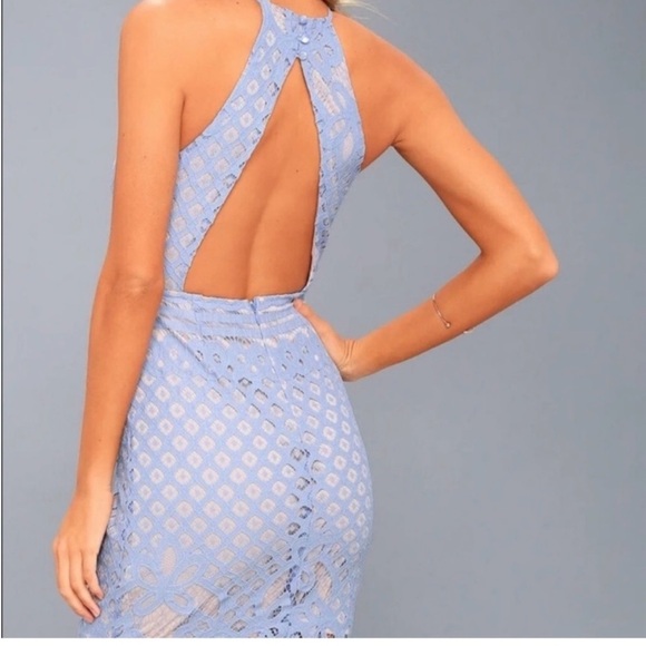Lulus NWT Blue Lace Halter Dress Lined Size Medium - Picture 4 of 6
